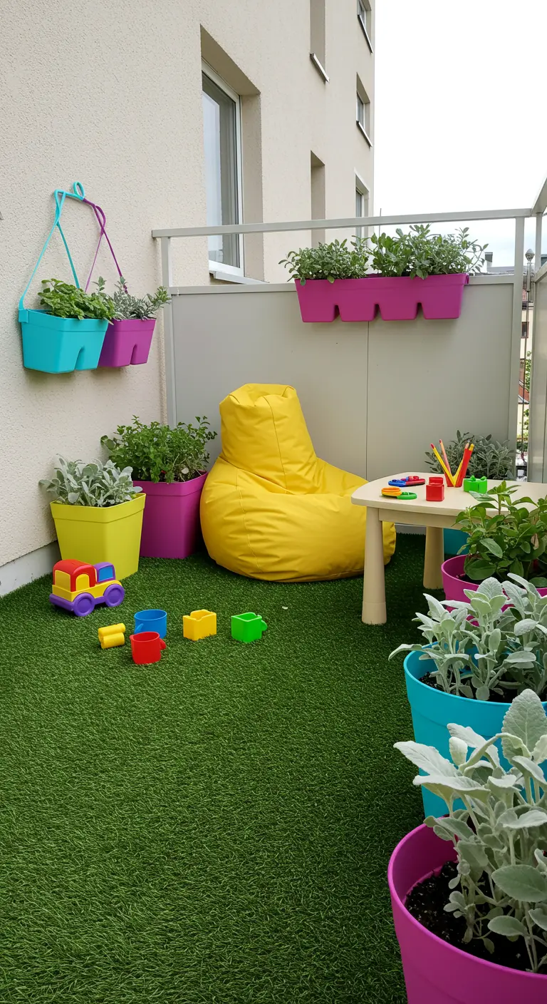 Kindvriendelijk balkon met kunstgras, een gele zitzak en kleurrijke potten en speelgoed.