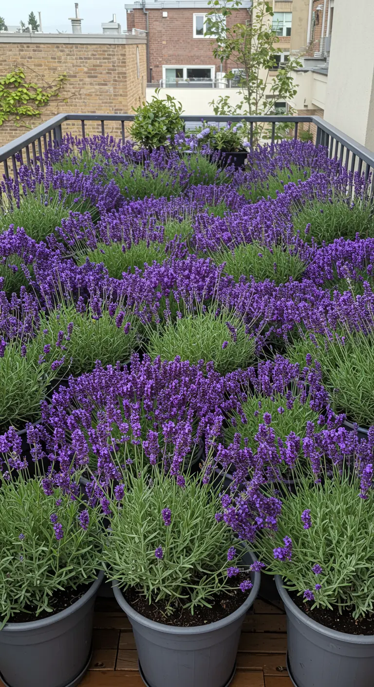 Balkon volledig gevuld met potten bloeiende lavendel, wat een paars veld creëert.