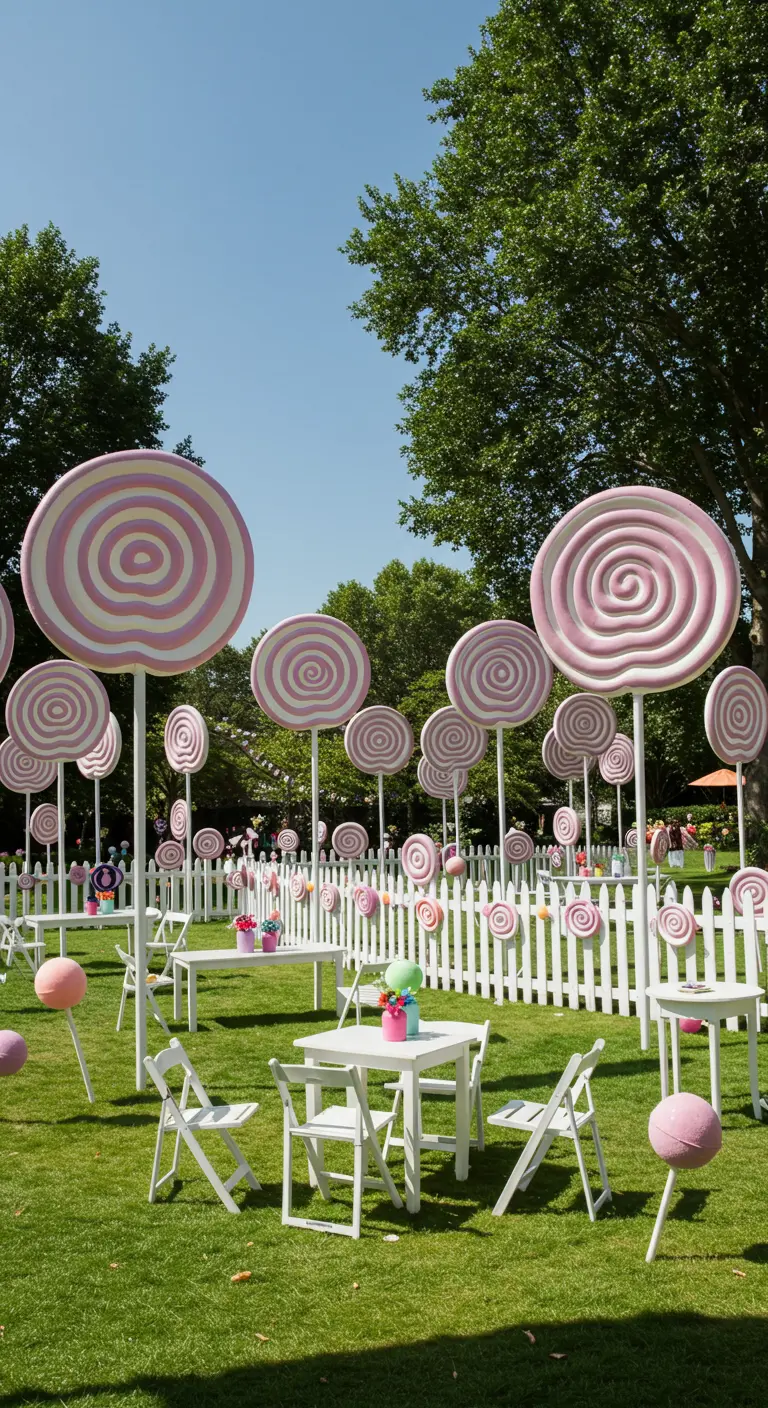 Tuin vol met grote, roze-witte lolly's en witte zitjes.
