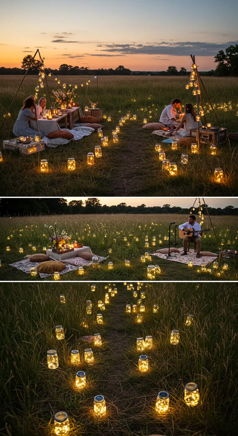Een veld vol glazen potten met lichtjes erin, die een magisch landschap creëren rondom picknickplekken.
