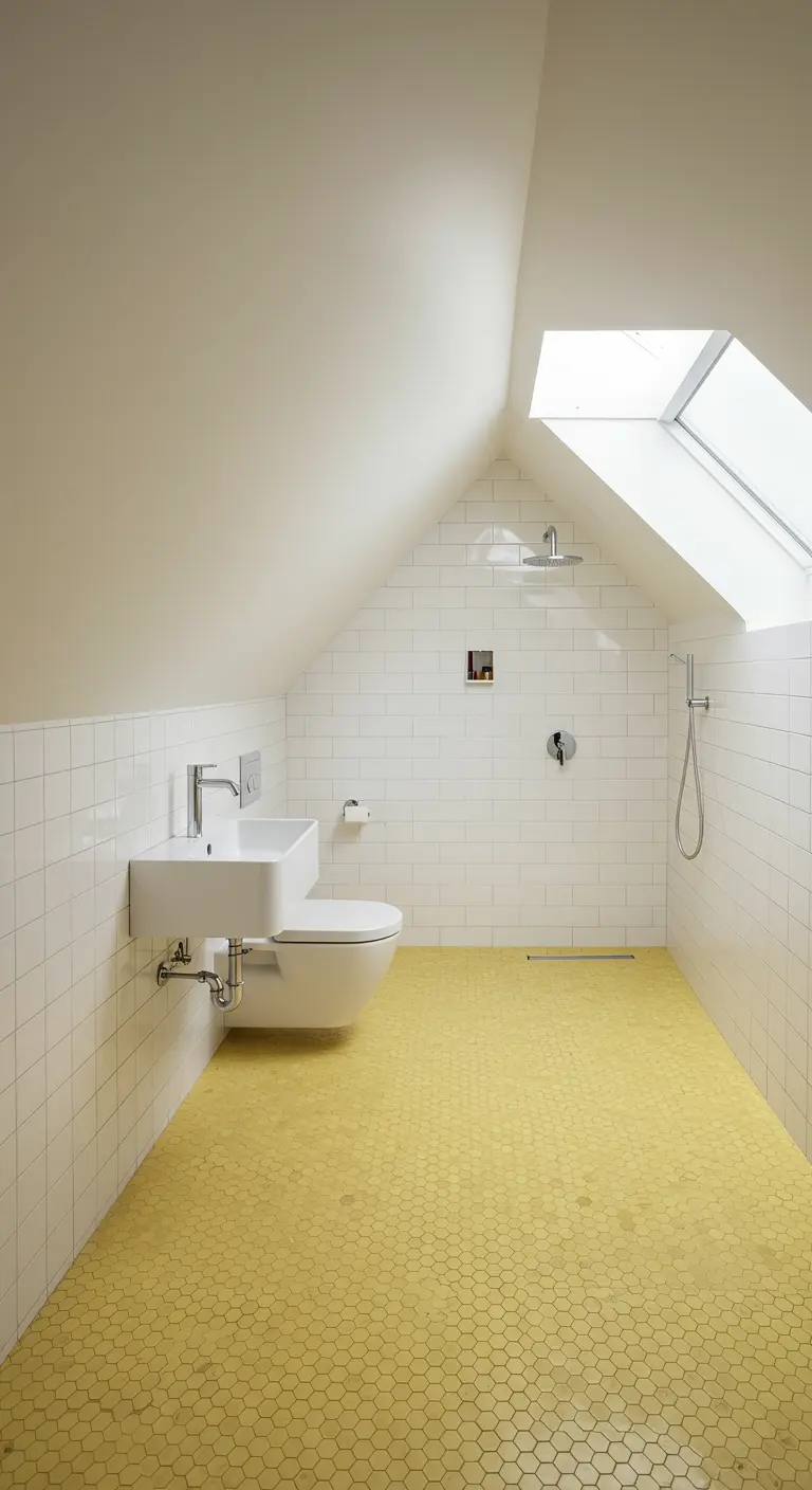 Badkamer onder schuin dak met een vloer van kleine, zonnig gele hexagon mozaïektegels.