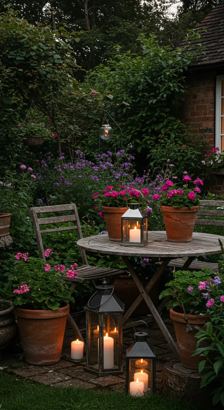 Houten tuinset in een weelderige, bloeiende tuin, verlicht door lantaarns.