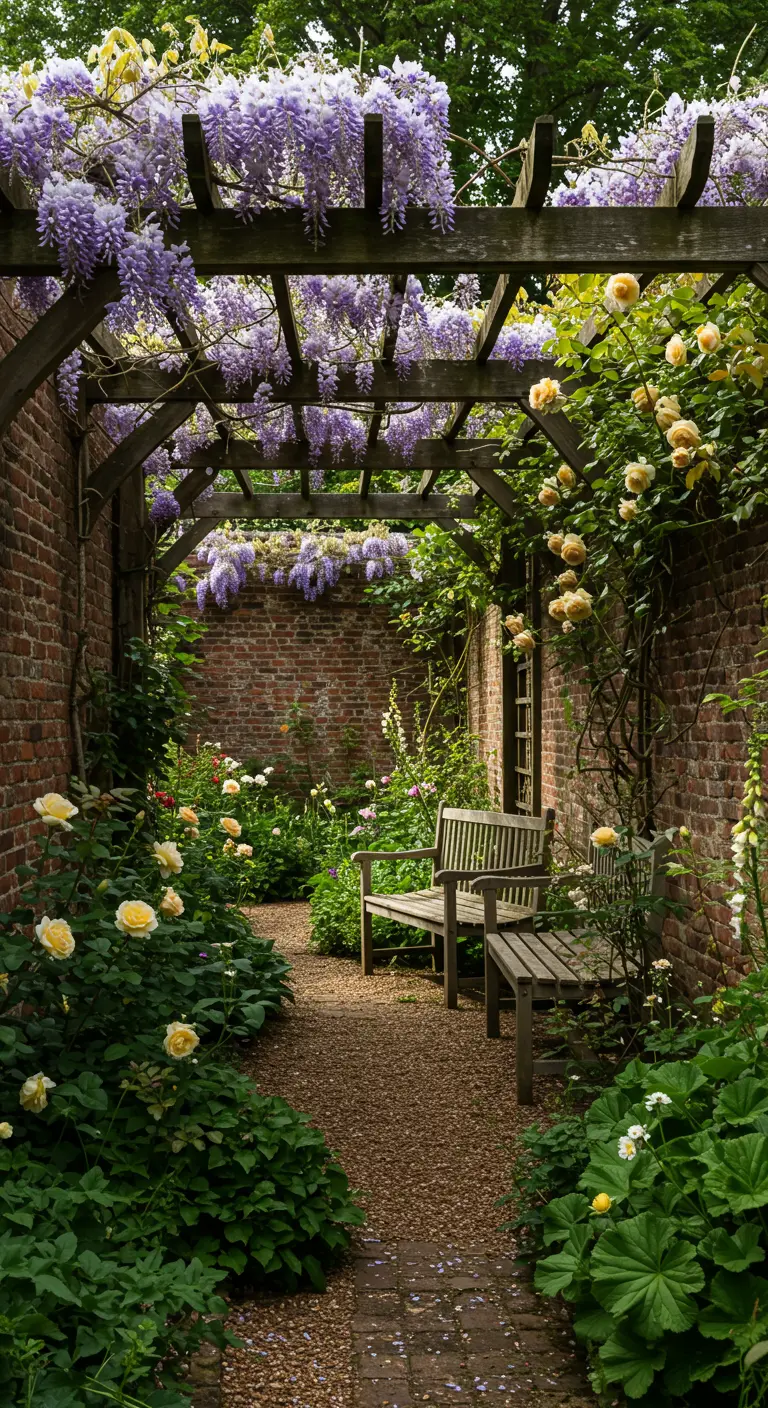 Beschutte zithoek met houten pergola tegen een bakstenen muur, vol gele rozen en paarse Wisteria.