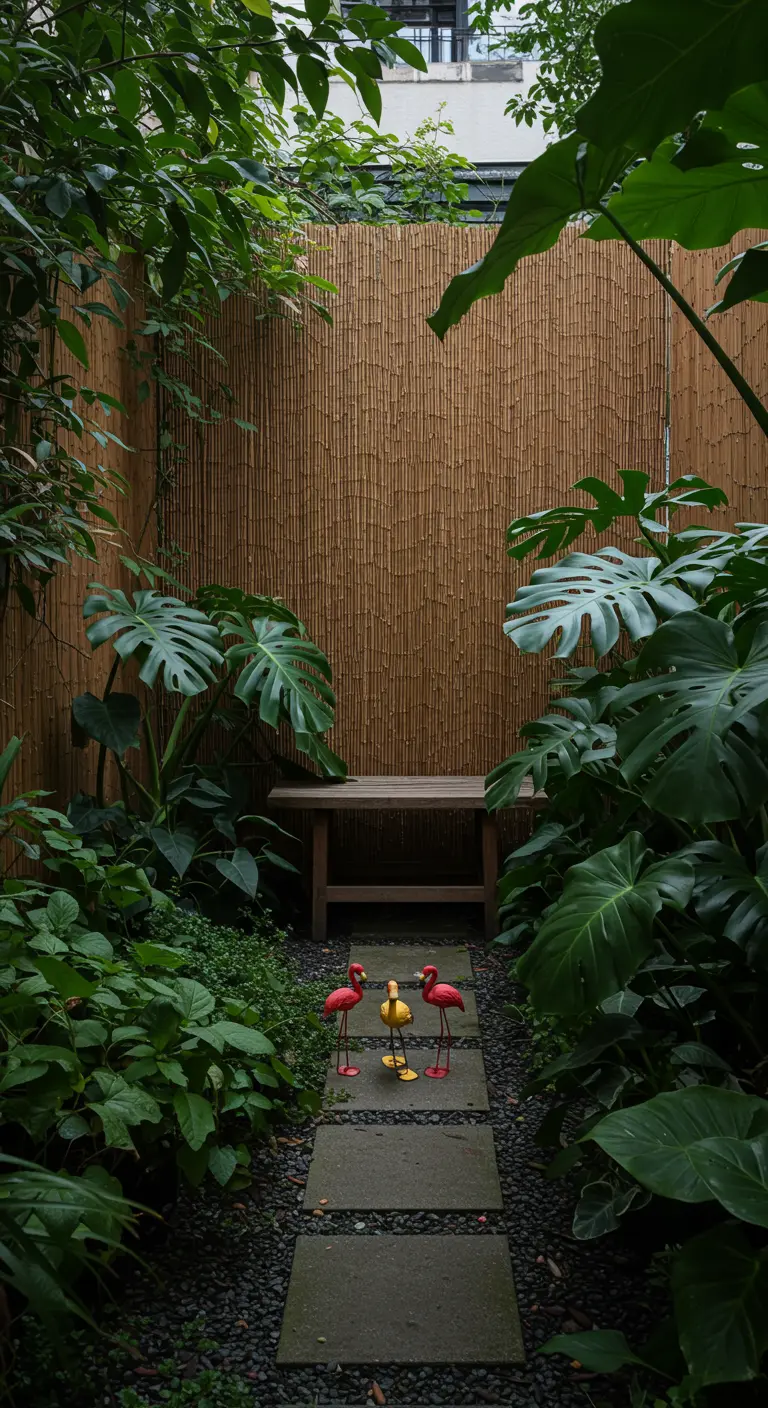 Smal tuinpad met stapstenen en weelderige planten, met een paar kleine flamingo's.