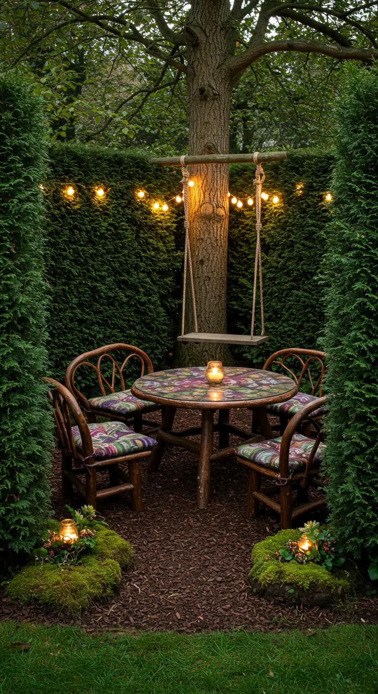 Geheime tuinhoek met houten schommel, ronde tafel, rustieke stoelen en lichtslingers.
