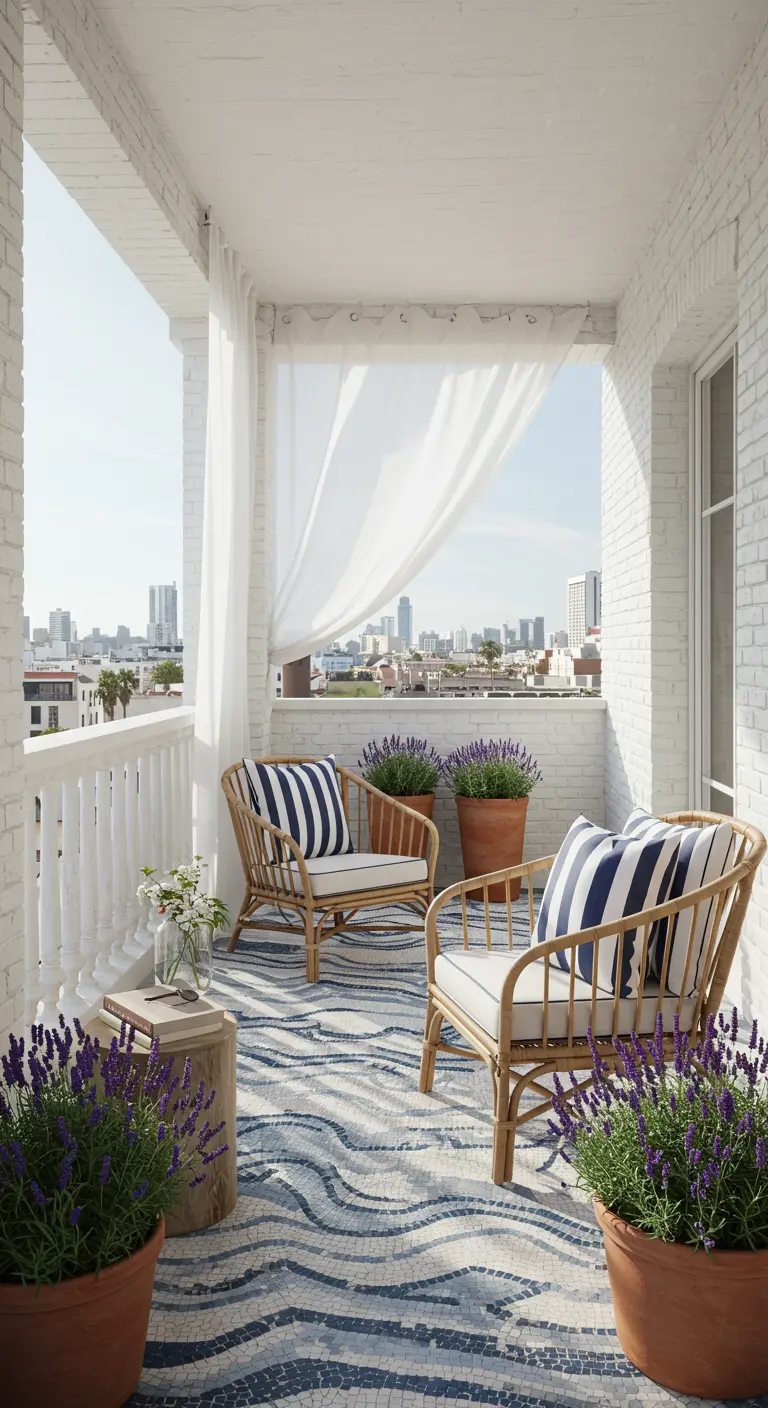 Balkon in strandstijl met rotan stoelen, golvend mozaïek en wapperende witte gordijnen.