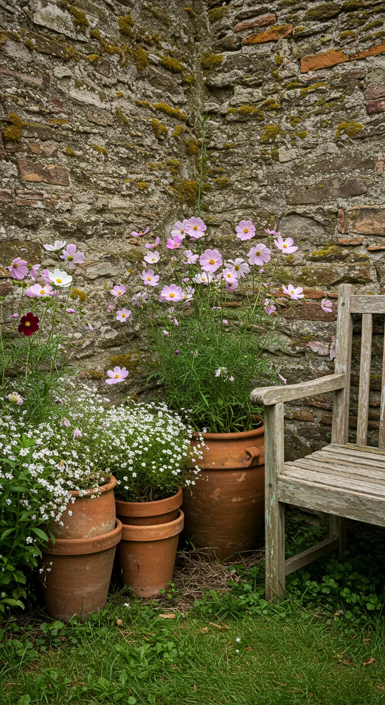 Hoekje tegen een oude stenen muur met terracotta potten vol roze en witte bloemen.