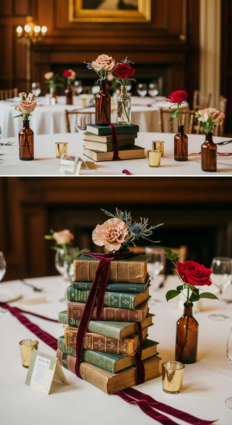 Collage van gestapelde vintage boeken met fluwelen linten en bloemen als tafelcenterpiece.