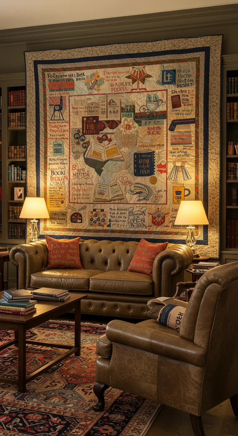 Grote, verhalende quilt als wandkleed in een klassieke bibliotheek.