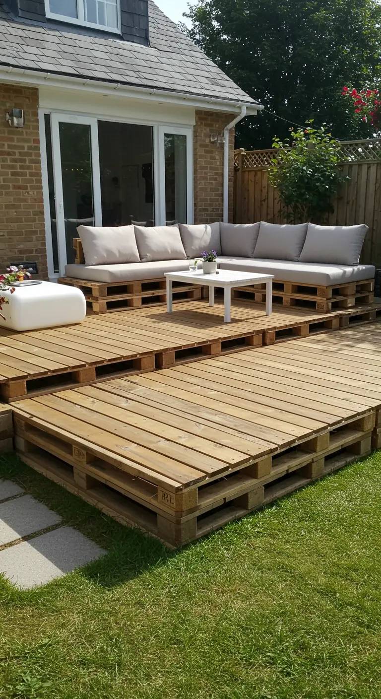 Verhoogd terras en loungebank volledig gemaakt van onbehandelde houten pallets.