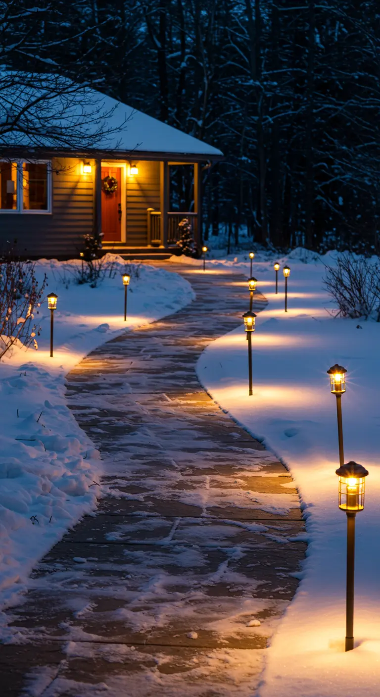 Een slingerend tuinpad in de sneeuw, verlicht door kleine lantaarns aan weerszijden.