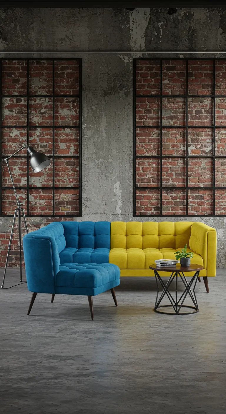 Industriële ruimte met een opvallende geel-blauwe gecapitonneerde bank.