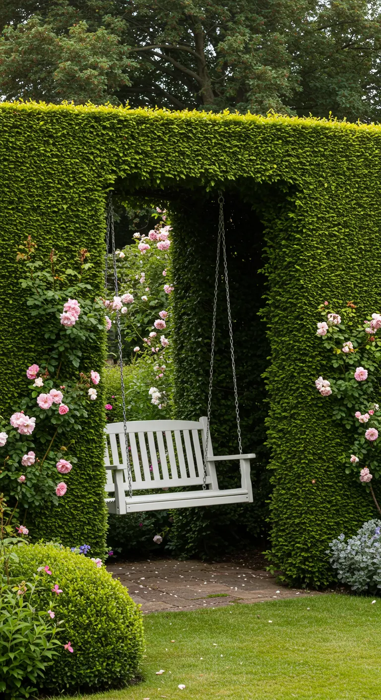 Witte houten schommelbank opgehangen in een uitsparing van een hoge, groene haag vol roze rozen.