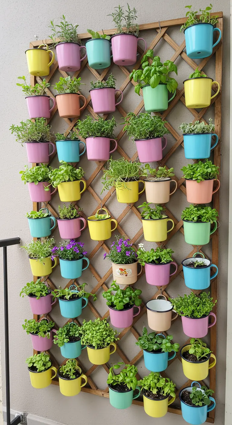 Houten trellis aan de muur vol met pastelkleurige emaille mokken die als plantenpotjes dienen.