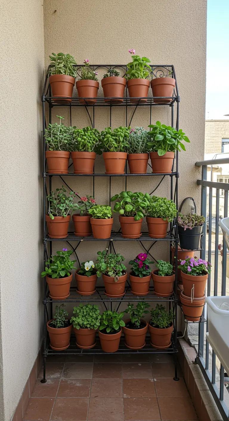 Zwarte metalen stellingkast op een balkon, volledig gevuld met terracotta potten met planten.