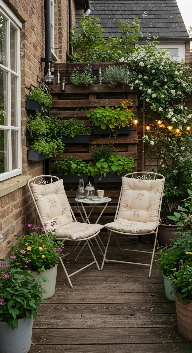 Knusse zithoek met een verticale pallet-tuin en romantische kussens.