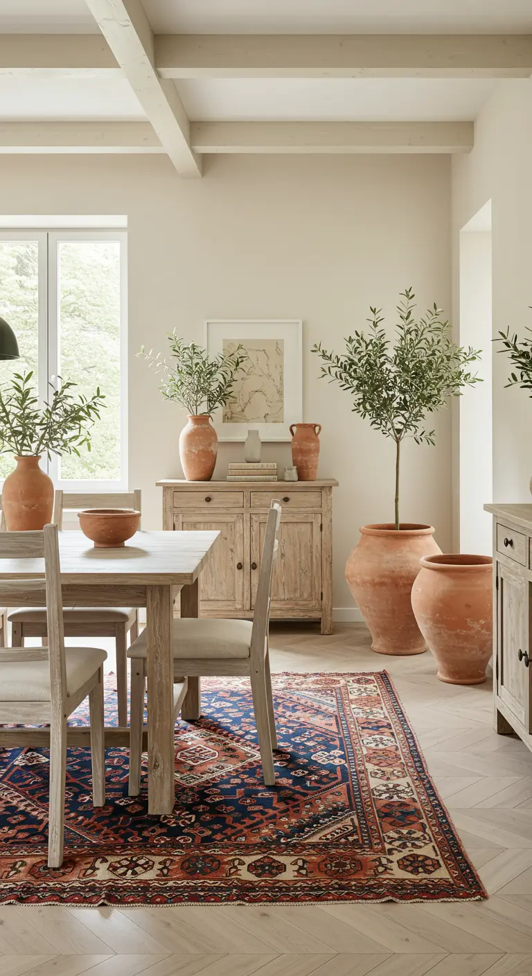 Lichte eetkamer met houten meubels, een Perzisch tapijt en een verzameling grote terracotta potten.