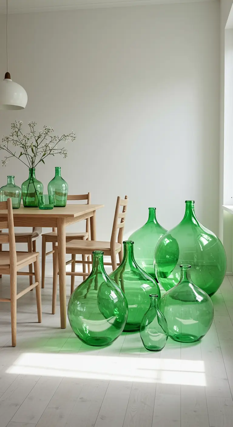Een collectie van grote en kleine groene glazen flessen en vazen op een lichte houten vloer.