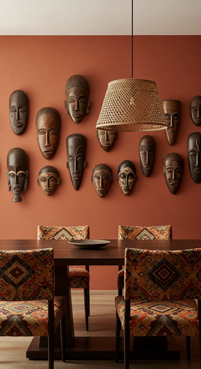 Eetkamer met een verzameling Afrikaanse maskers aan een terracottakleurige muur.