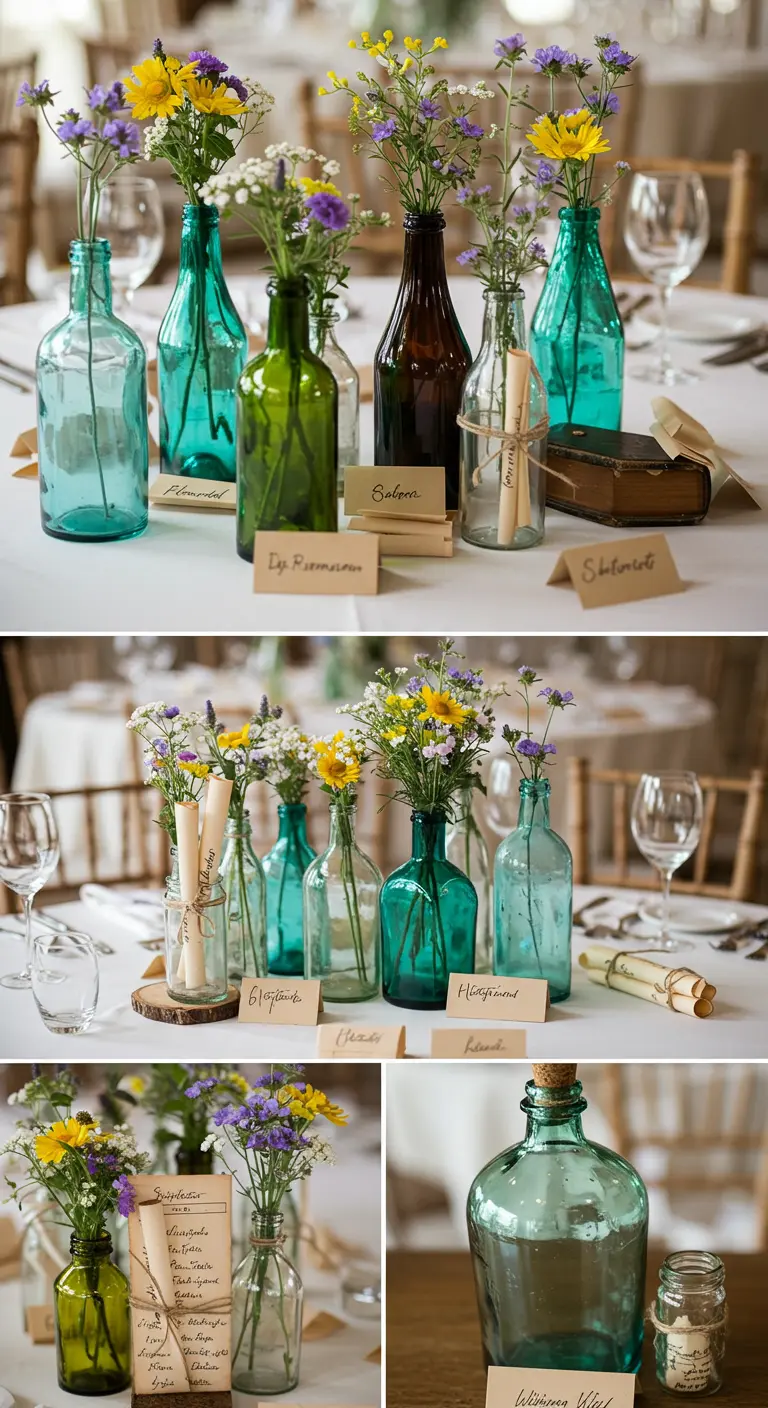 Tafeldecoratie met een verzameling van diverse vintage gekleurde glazen flessen als vazen.