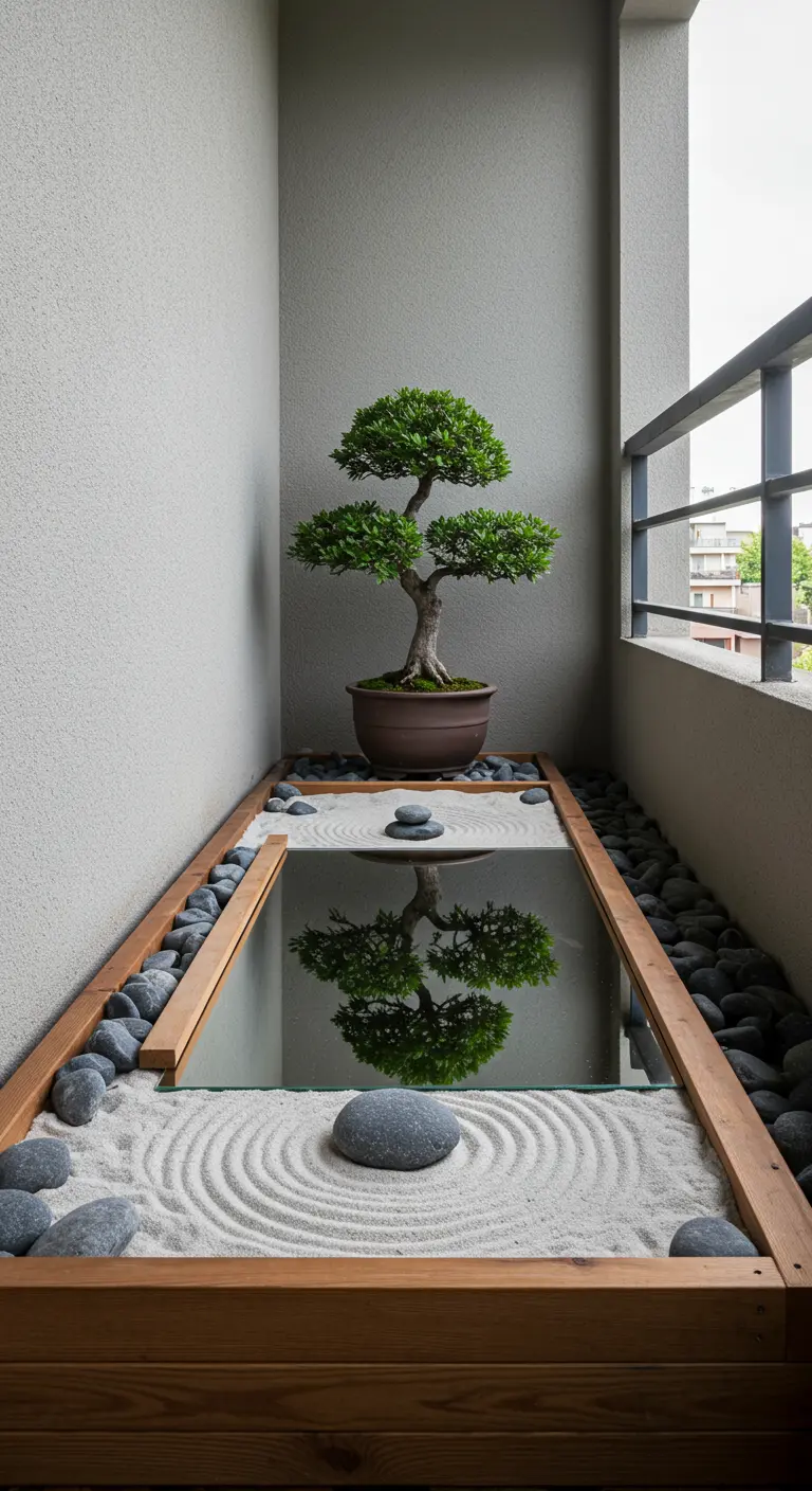 Horizontale spiegel in een houten frame, omringd door wit zand en stenen, als een zen-tuin.