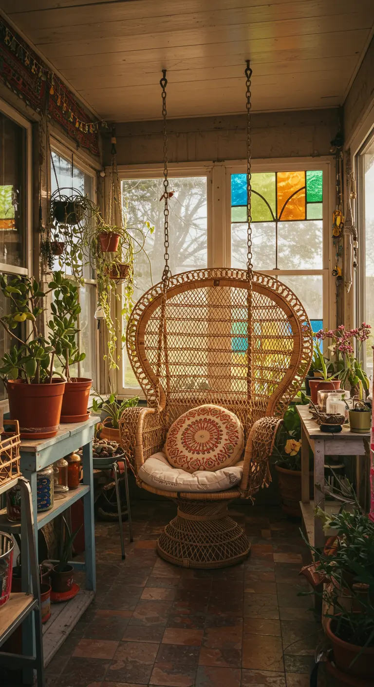 Grote vintage rotan hangstoel in een serre vol planten, met glas-in-lood ramen en een warme, gouden gloed.