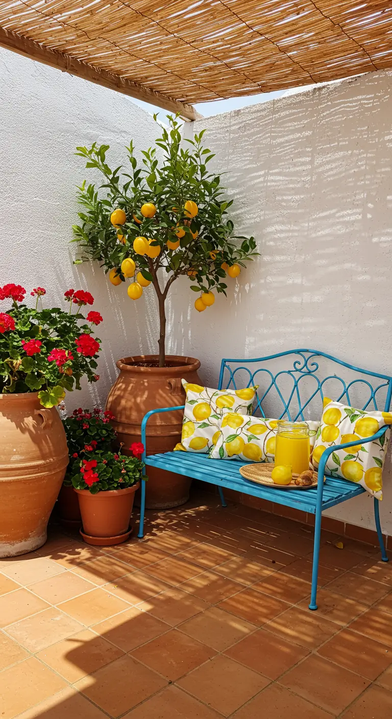 Mediterraan terras met een blauw bankje, citroenboom en terracotta potten.
