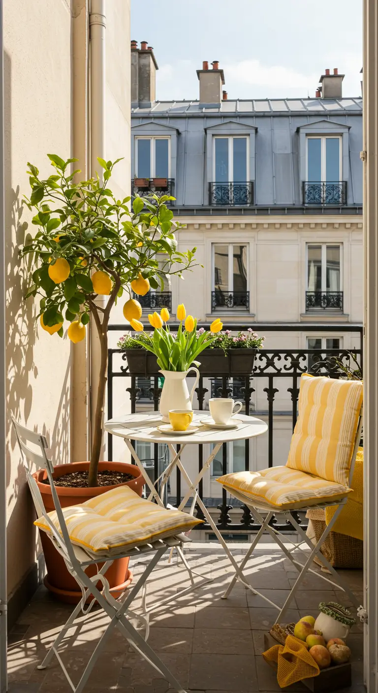 Balkon met witte bistrosset, geel-wit gestreepte kussens en een citroenboom.