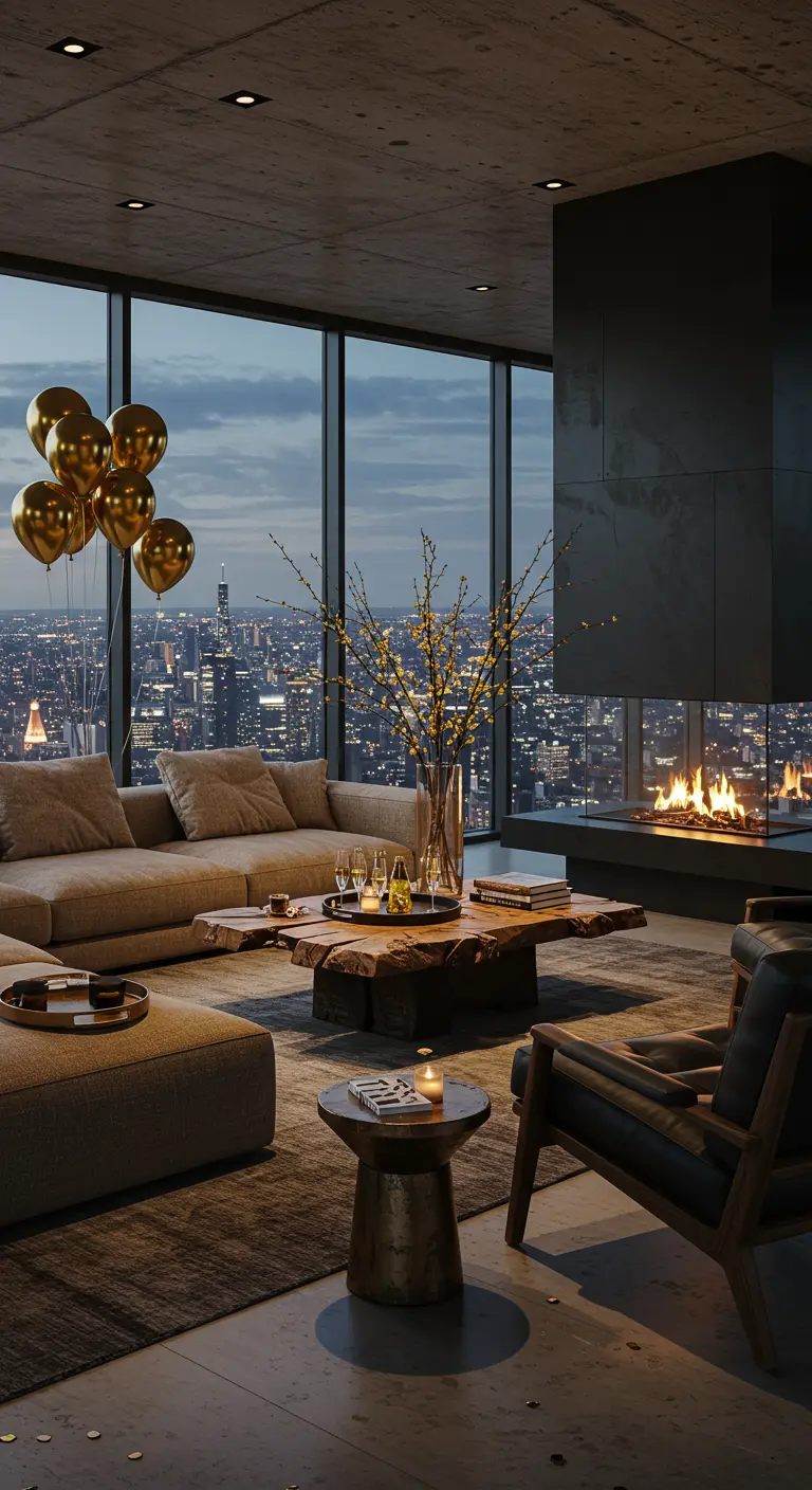 Moderne woonkamer met een brandende haard, uitzicht op de stad en een tros gouden ballonnen.