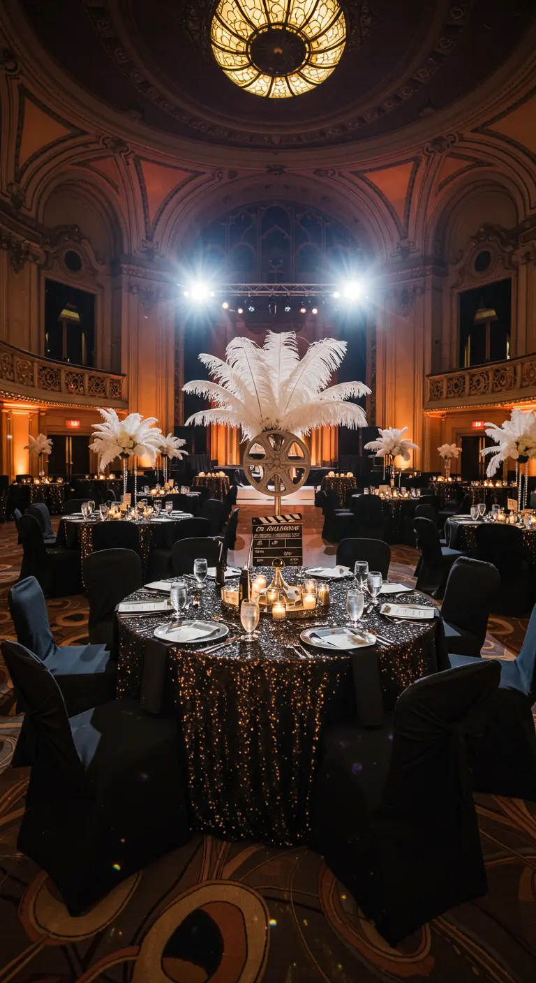 Elegante balzaal met ronde tafels, zwarte pailletten tafelkleden en witte struisvogelveren.