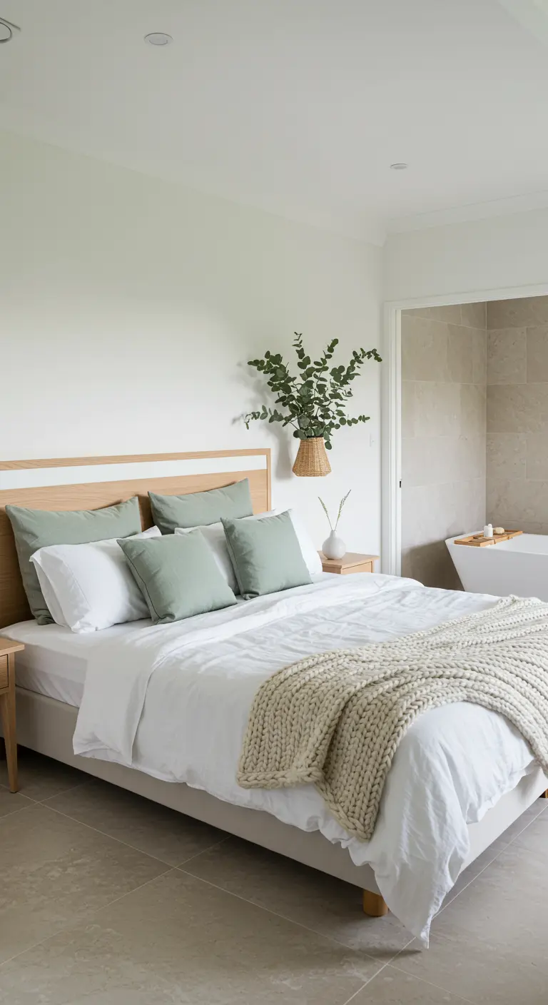 Lichte slaapkamer met saliegroene kussens en een hangende plant met eucalyptus boven het bed.