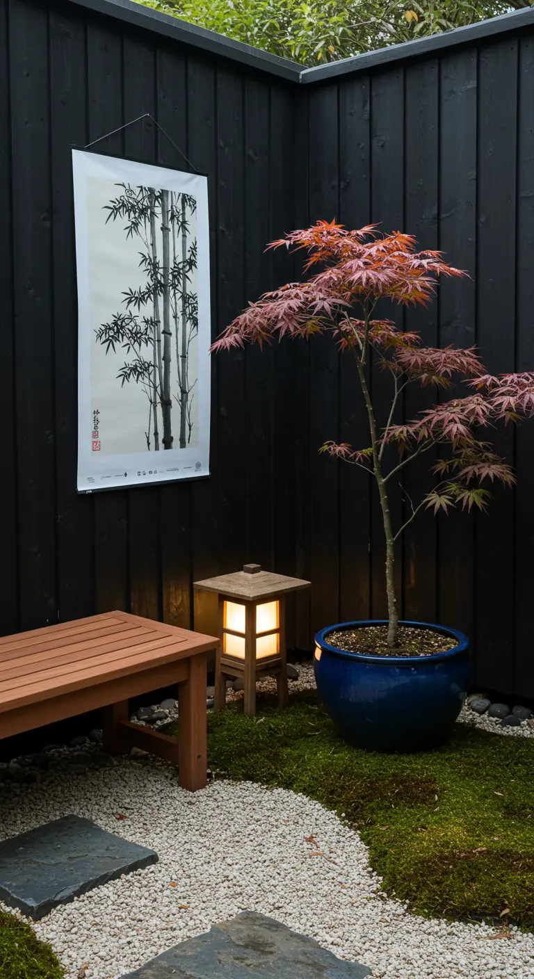 Japanse tuin met zwarte schutting, Japanse esdoorn en een poster van bamboe.