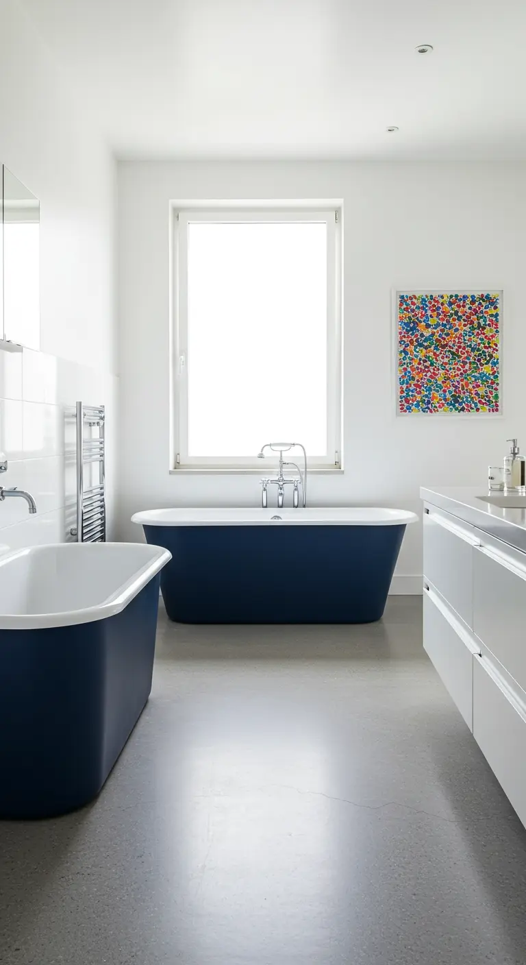 Witte badkamer met betonciré vloer en een diepblauw vrijstaand bad.