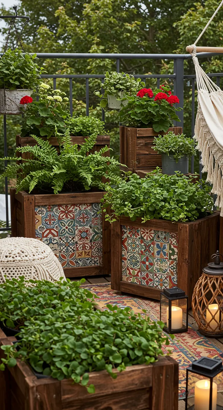 Donkerhouten plantenbakken met kleurrijke, ingelegde mozaïektegels op een bohemian balkon.
