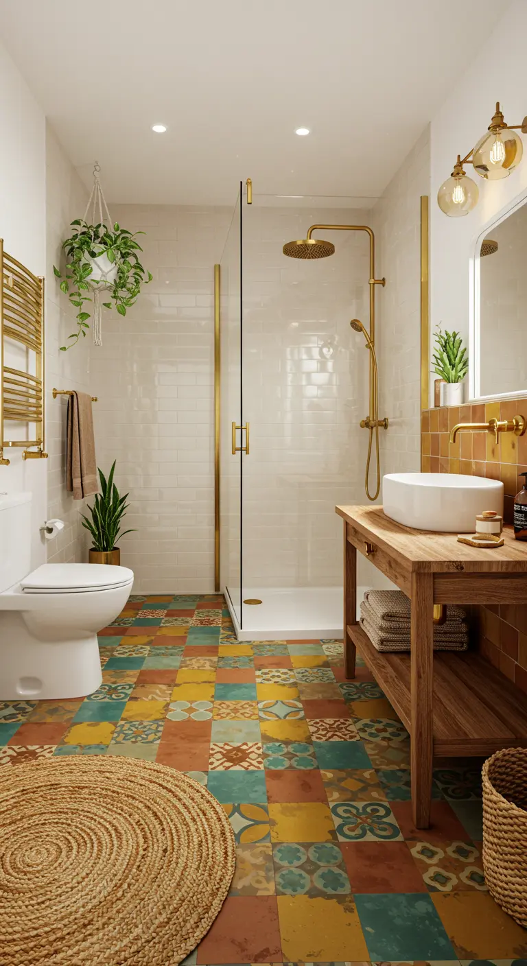Kleurrijke patchwork tegels in een badkamer met gouden kranen en een houten wastafelmeubel.