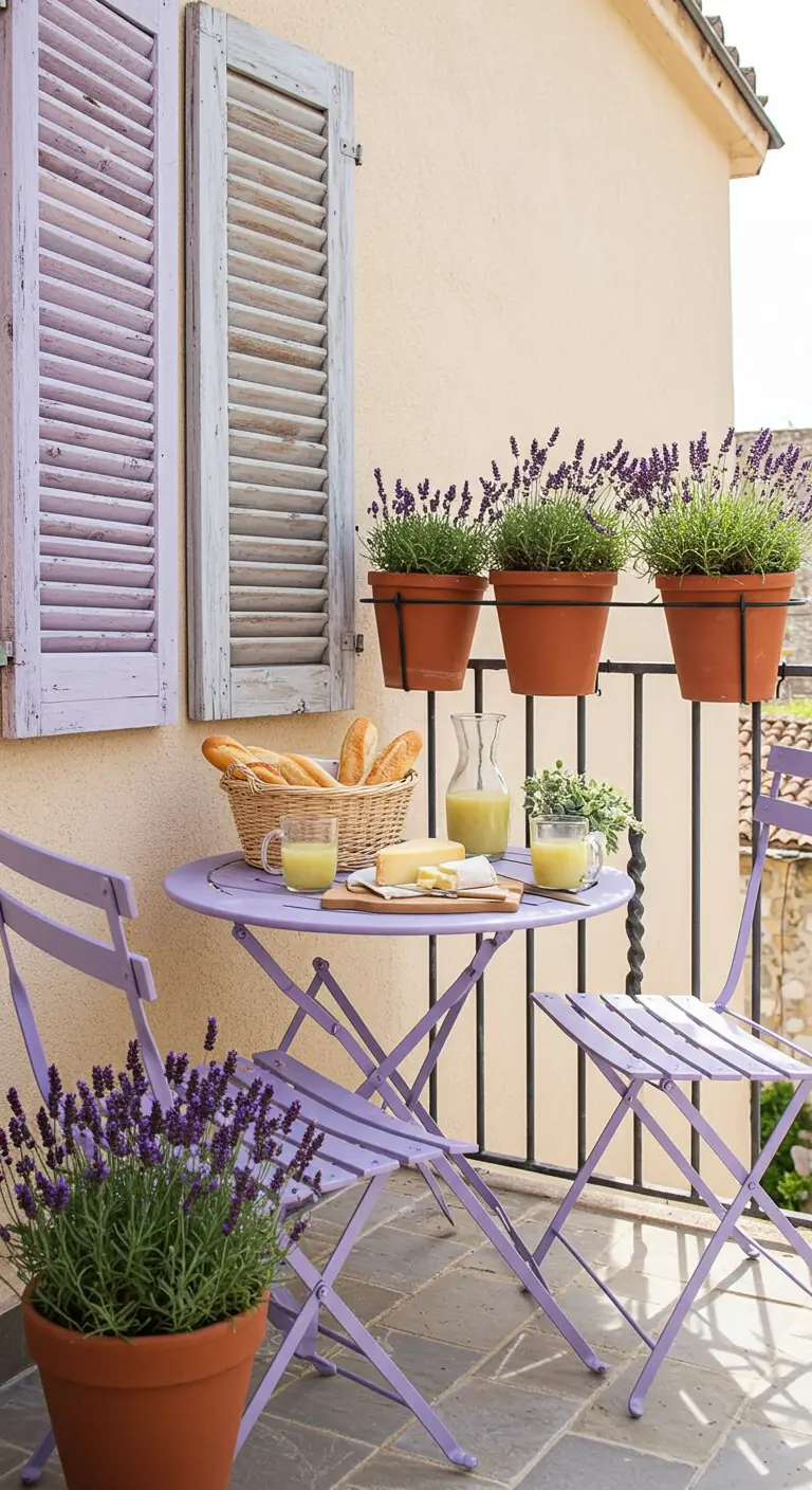 Balkon in Provençaalse stijl met paarse bistroset, lavendel in potten en vintage luiken.