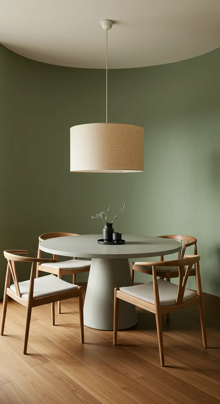 Eetkamer met saliegroene muren, een ronde tafel en houten stoelen.