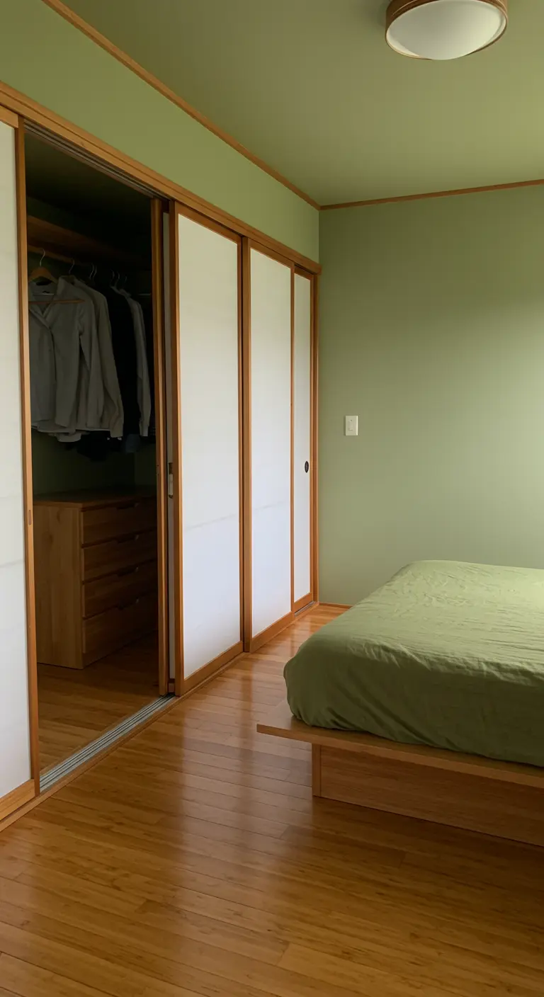 Slaapkamer met saliegroene muren, bamboevloer, houten bed en shoji-schuifdeuren voor de kast.