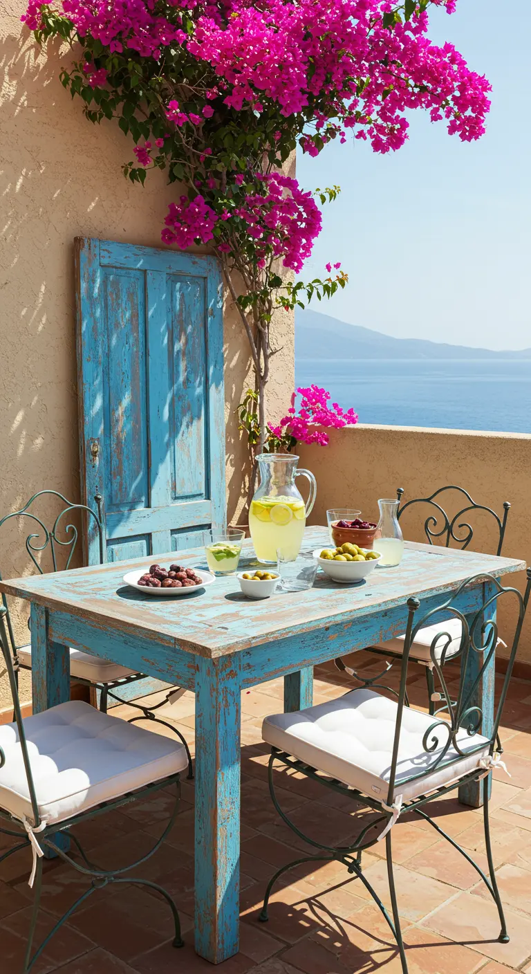 Blauwe, verweerde deur als tuintafel met uitzicht op zee en een bloeiende bougainvillea.
