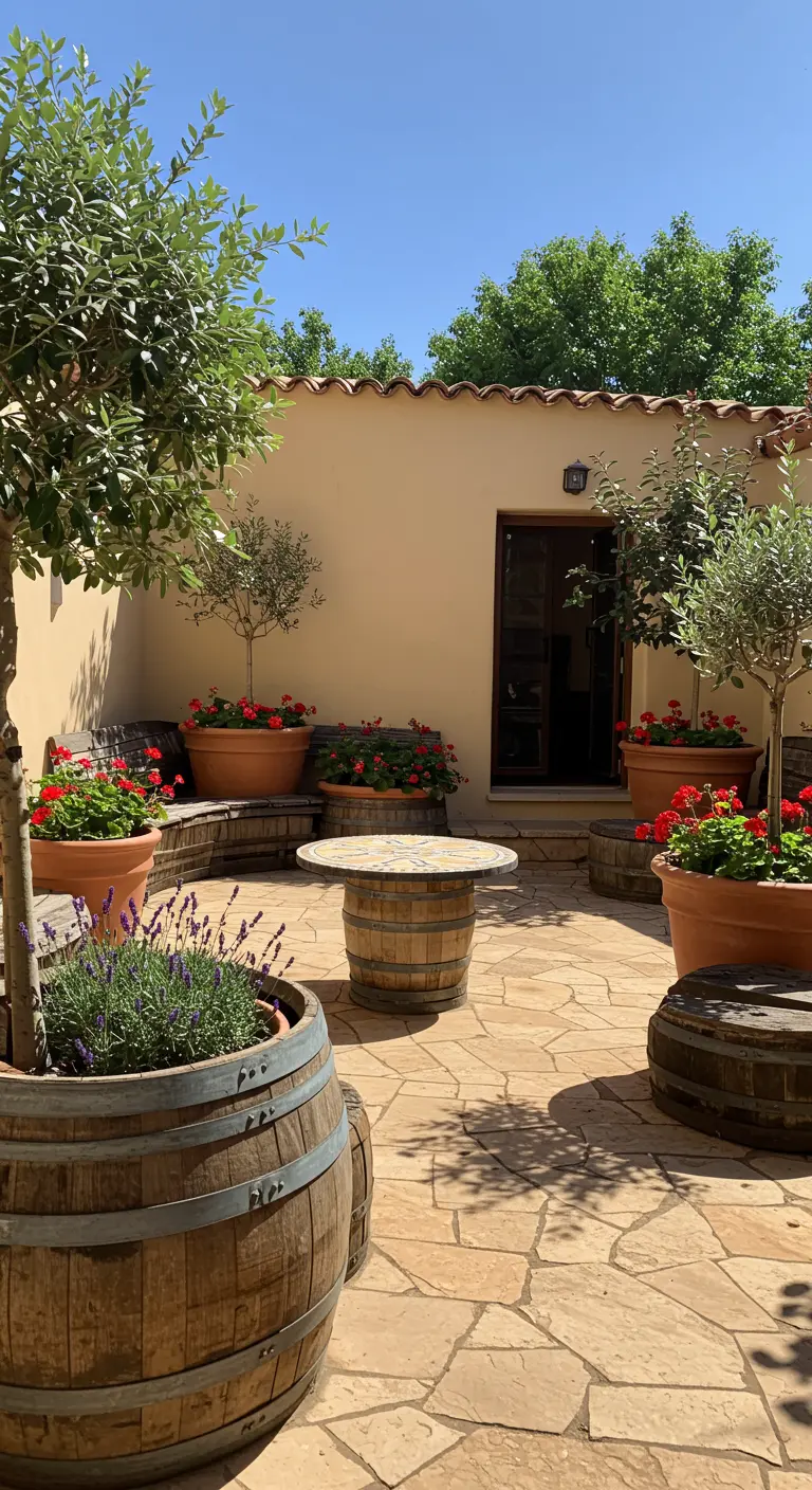 Mediterrane patio met oude wijnvaten die als grote bloempotten worden gebruikt.