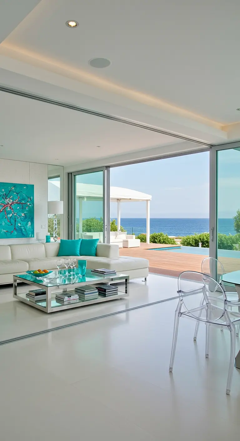 Witte, moderne woonkamer met turquoise kussens en uitzicht op zwembad.