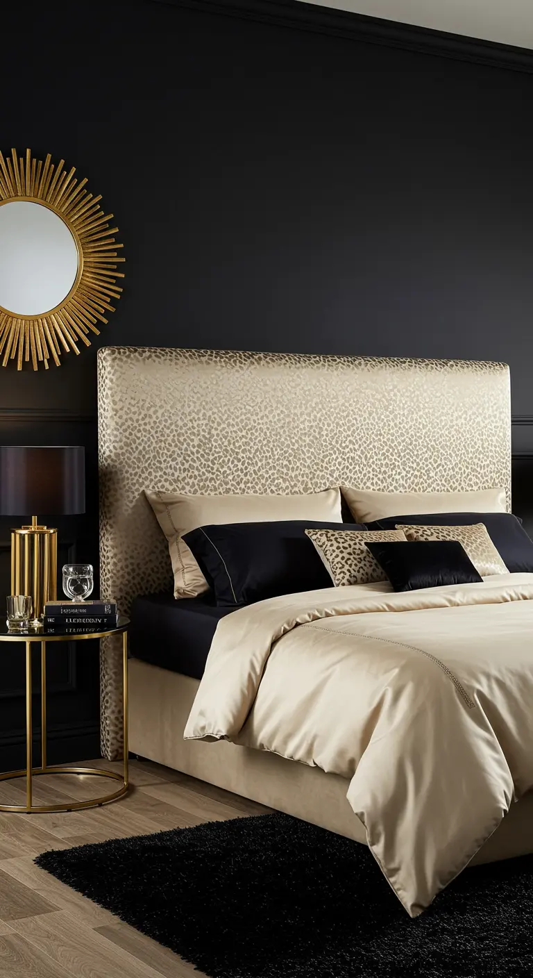 Chique slaapkamer met een hoofdbord met subtiele luipaardprint, zwarte muren en gouden decoratieve accenten.