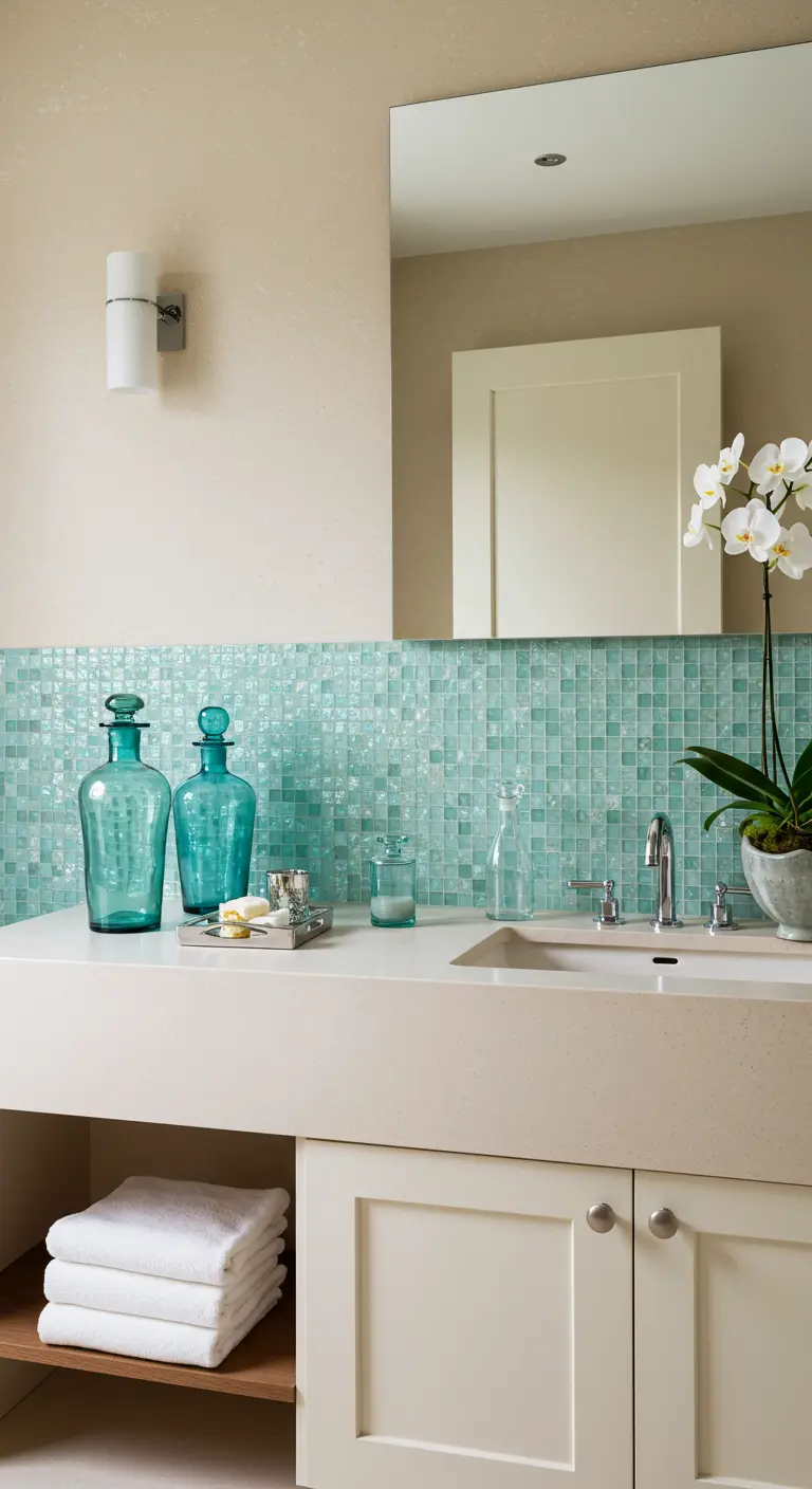 Badkamer met zandkleurige muren en een accentwand van turquoise mozaïektegels.