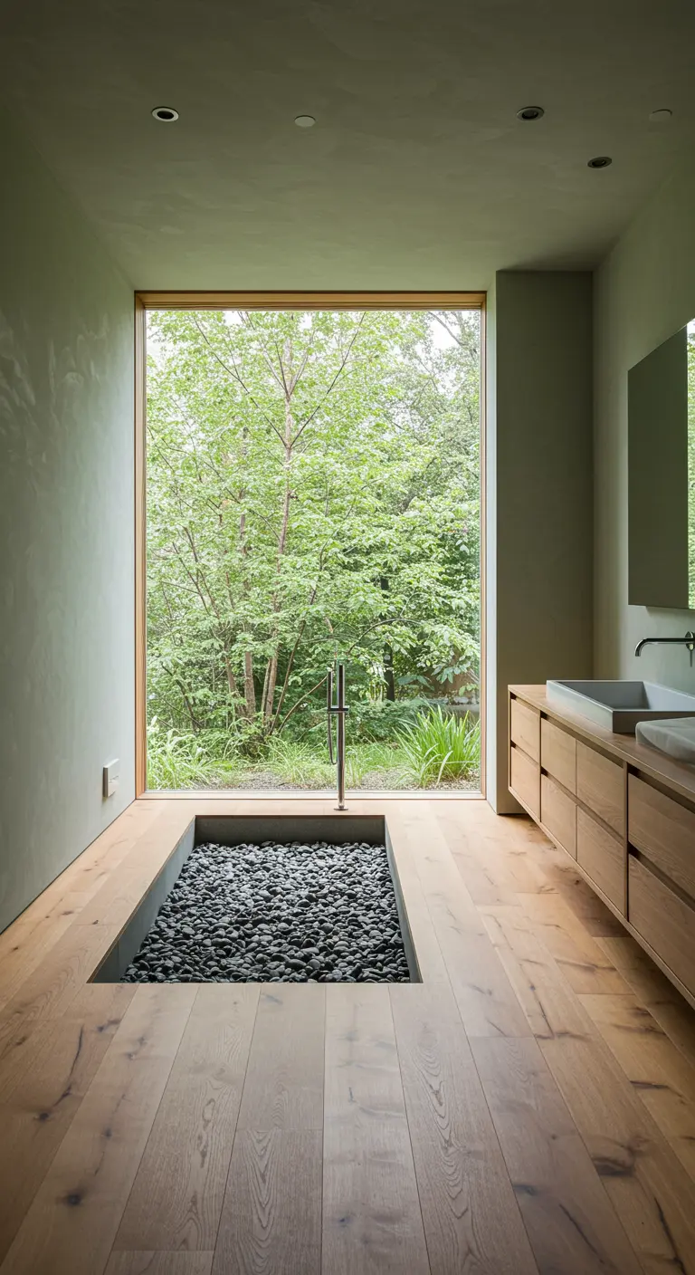 Badkamer met houten vloer en een verzonken deel gevuld met zwarte kiezels.
