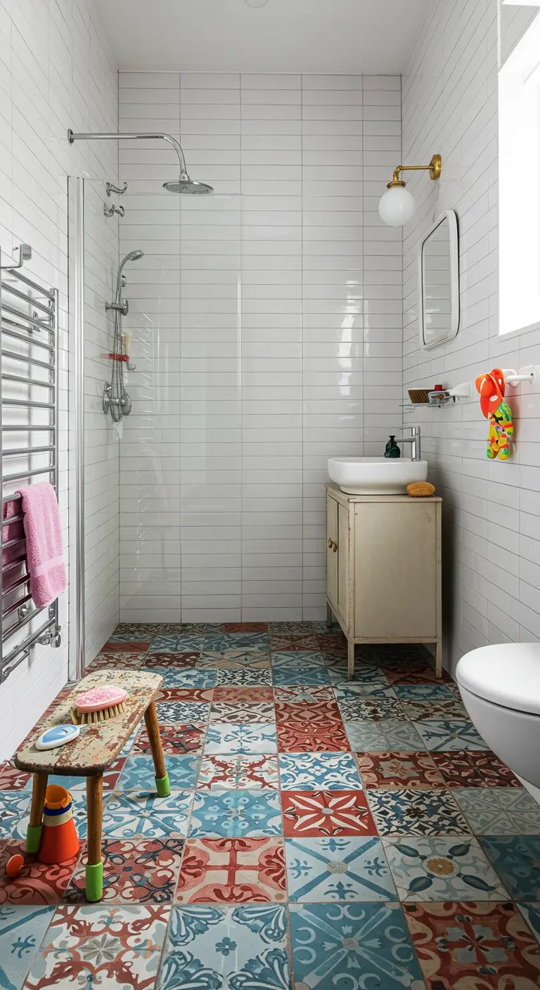 Badkamer met een levendige, kleurrijke patchwork tegelvloer en verder witte wanden.