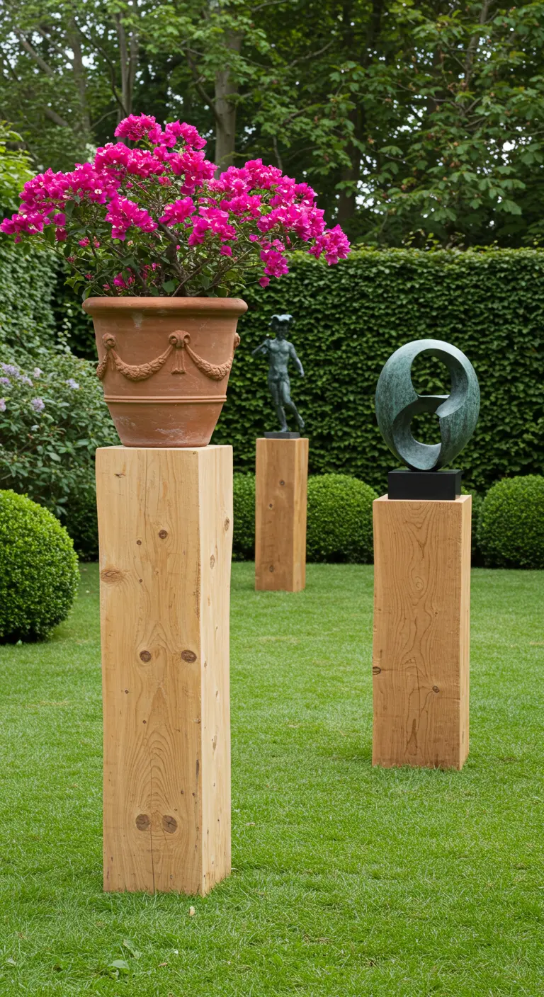 Houten zuilen als sokkels voor een potplant en kunstbeelden in een tuin.