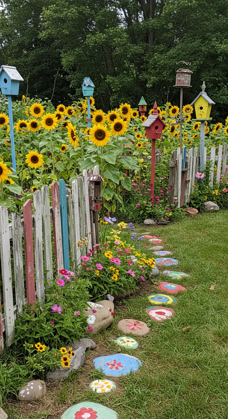 Kleurrijke tuin met een bont geschilderd hekje, beschilderde stapstenen en een veld vol zonnebloemen.