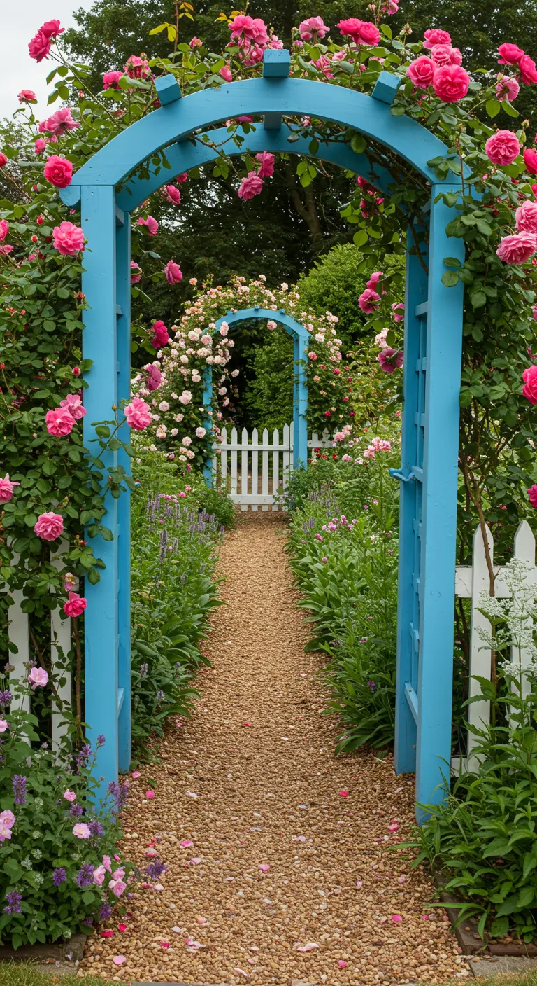 Felblauwe houten rozenboog met roze rozen, die een doorkijkje geeft naar een wit hek.