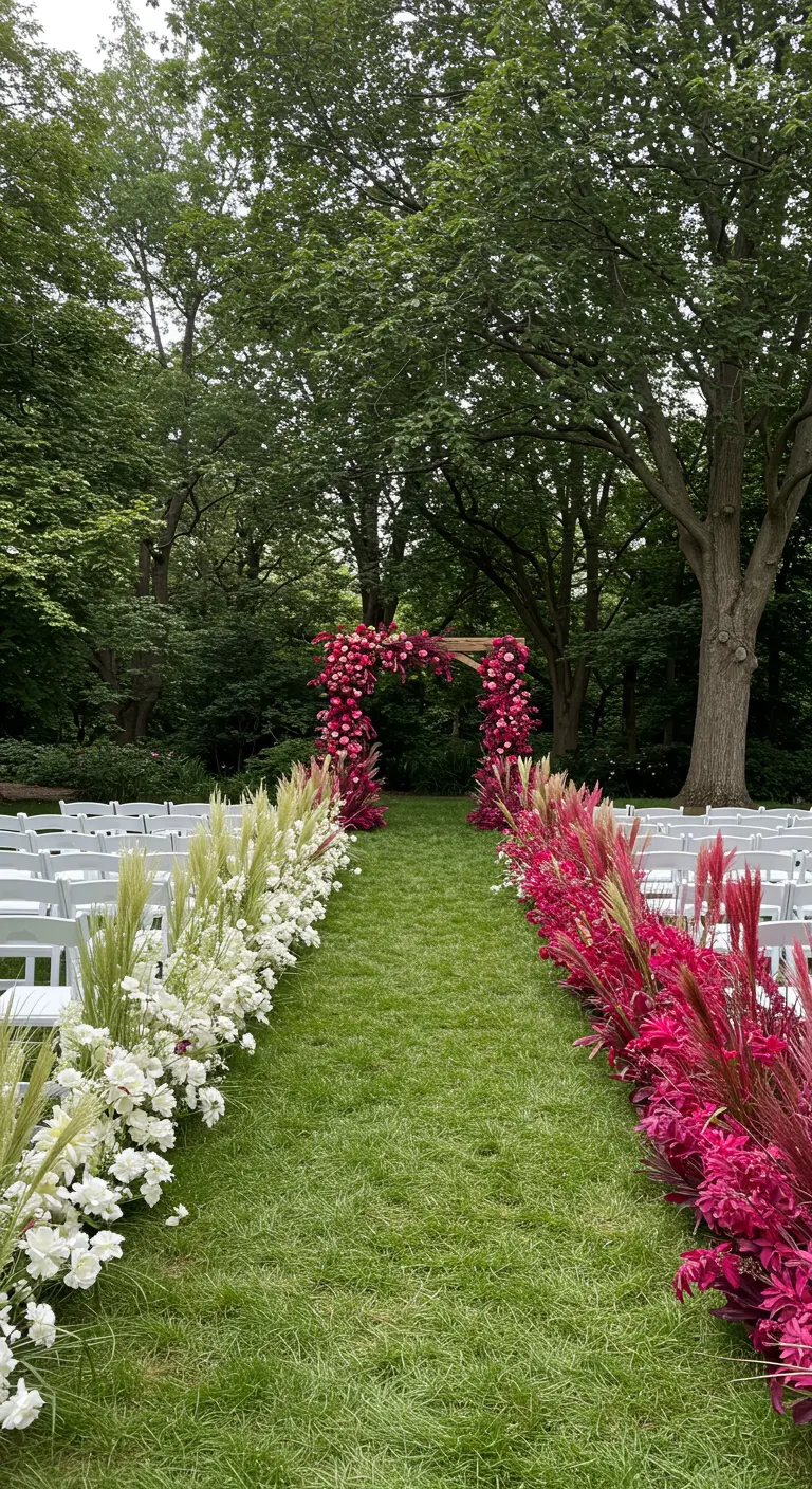 Trouwgangpad geflankeerd door een haag van witte en felroze bloemen.