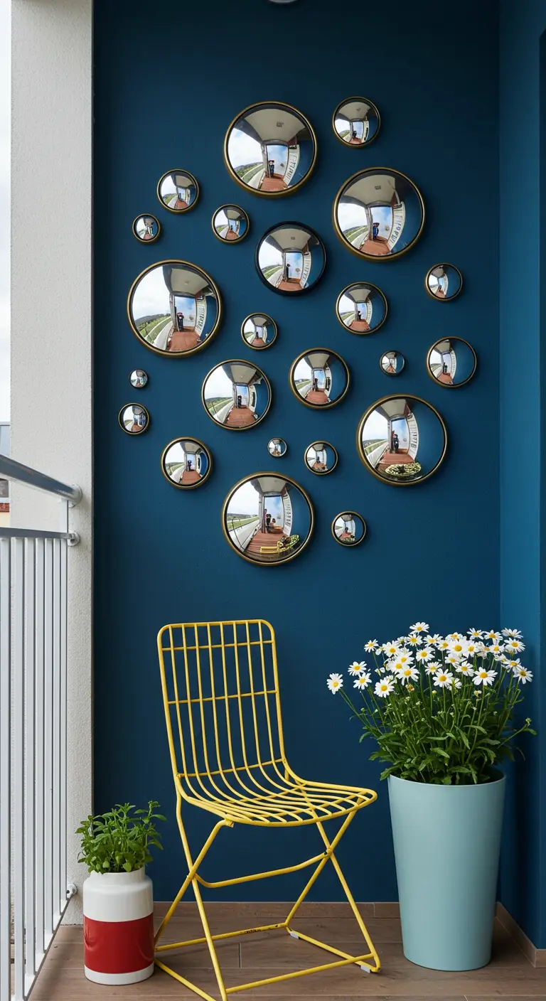 Collectie van bolle spiegels in verschillende formaten op een donkerblauwe balkonmuur.